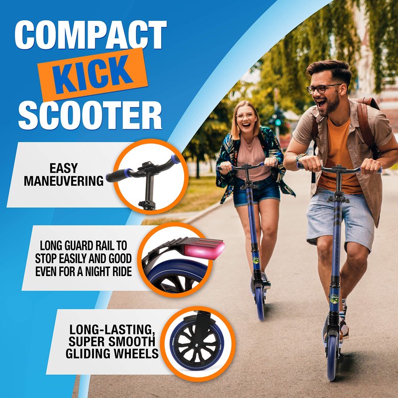 SereneLife Foldable Kick Scooter - Stand Kick Scooter for Teens & Adults with Rubber Grip at Tip, Alloy Deck, Adjustable T-Bar Handlebar Height, Smooth Gliding Wheels, Easy Maneuvering (Blue)