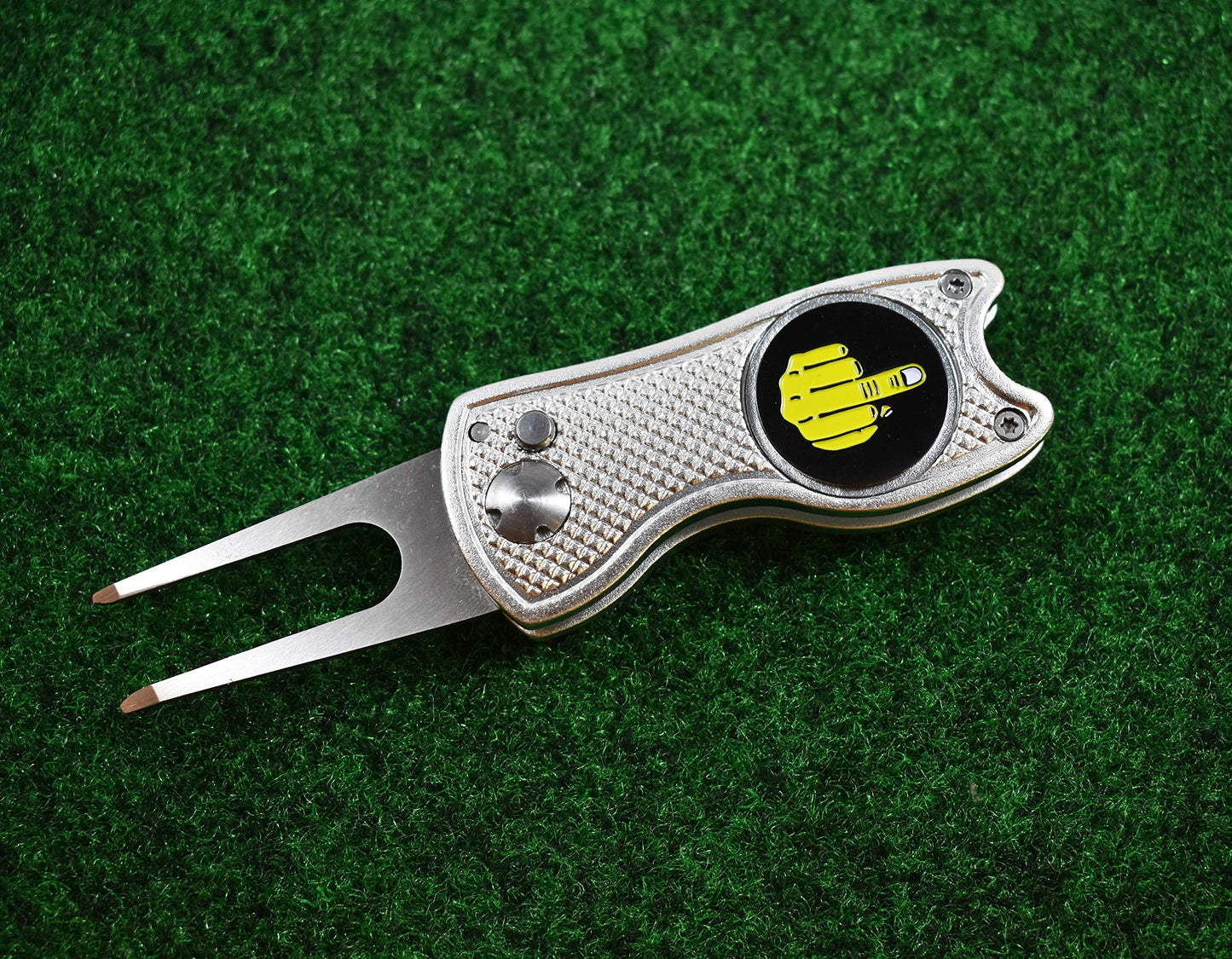 Andoji Golf Divot Repair Tool with Funny Ball Markers – Great Golf Gifts – Durable and Stylish Golf Divot Tool – Must-Have Golf Accessories – Unique Divot Repair Tool – Middle Finger (Silver)