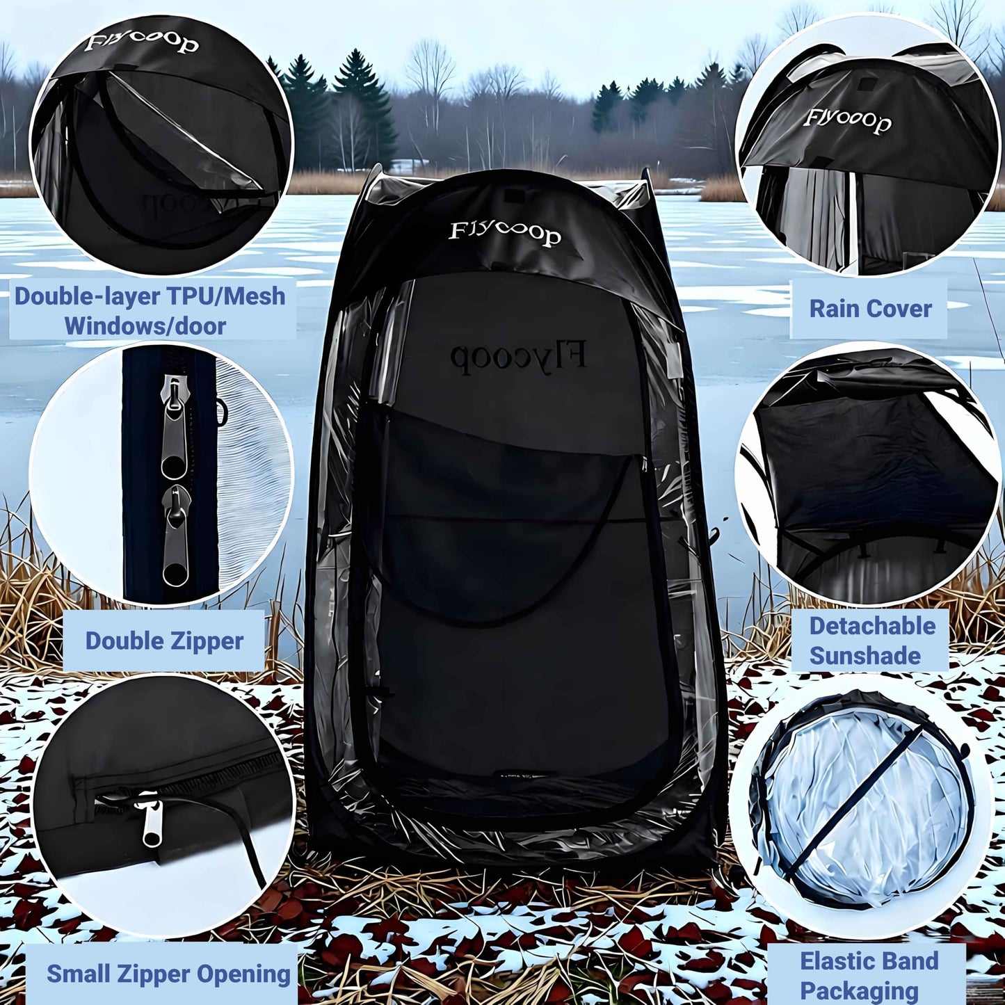 Sports Tent Pop Up Shelter: Flycoop 37" L x 37" W x 63" H Weather Sports Pod for 1 Person Shelter in Winter Portable Camping Tents Outdoor Cold Weather Screen Bubble House Pod Shade Tent (Black)