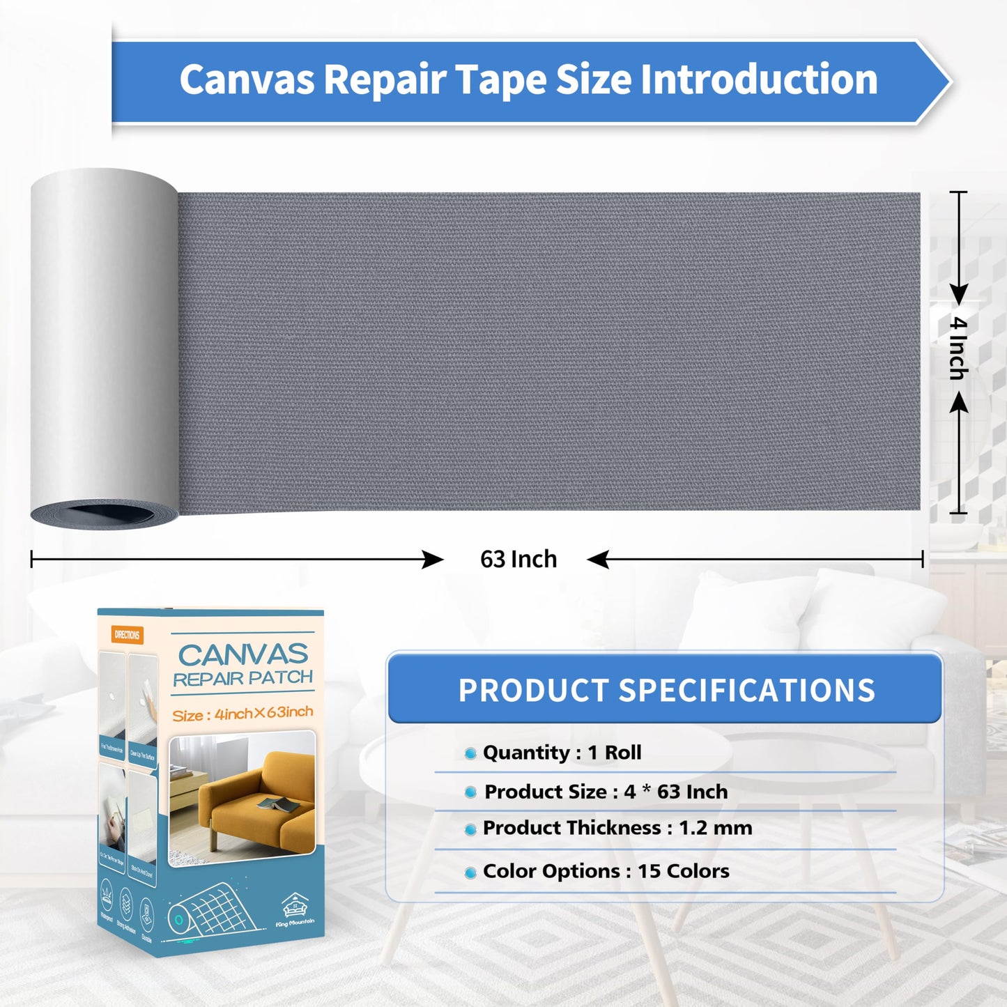 KING MOUNTAIN Canvas Repair Tape,Outdoor Gear Patch, 4×63 Inches,Waterproof,Self-Adhesive for Repairing Boat Covers,Sun Shades,Sofas,Tents,Lounge Chairs,Awnings (Grey-1)