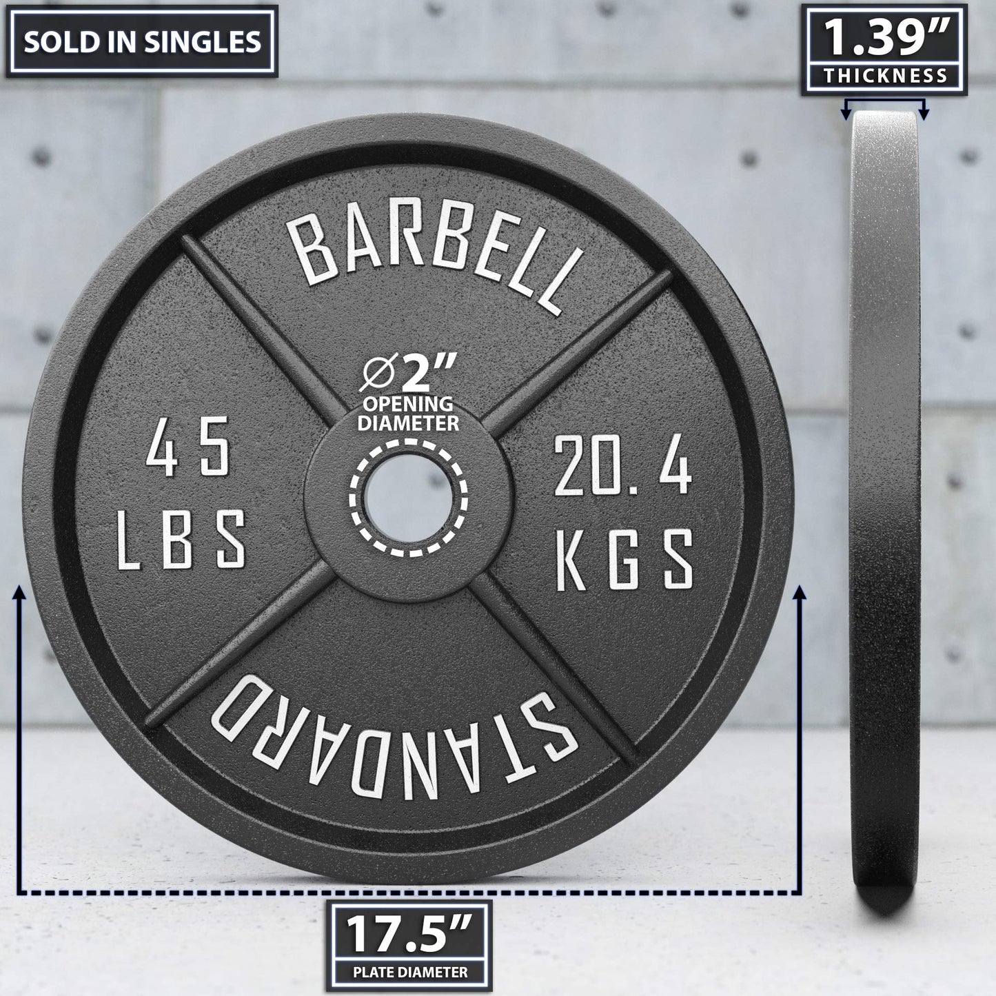 Synergee Standard Metal Weight Plates 45 lb Single. 2” Opening for Bodybuilding, Olympic & Power lifting workouts. Classic Old School Metal Weighted Plates.