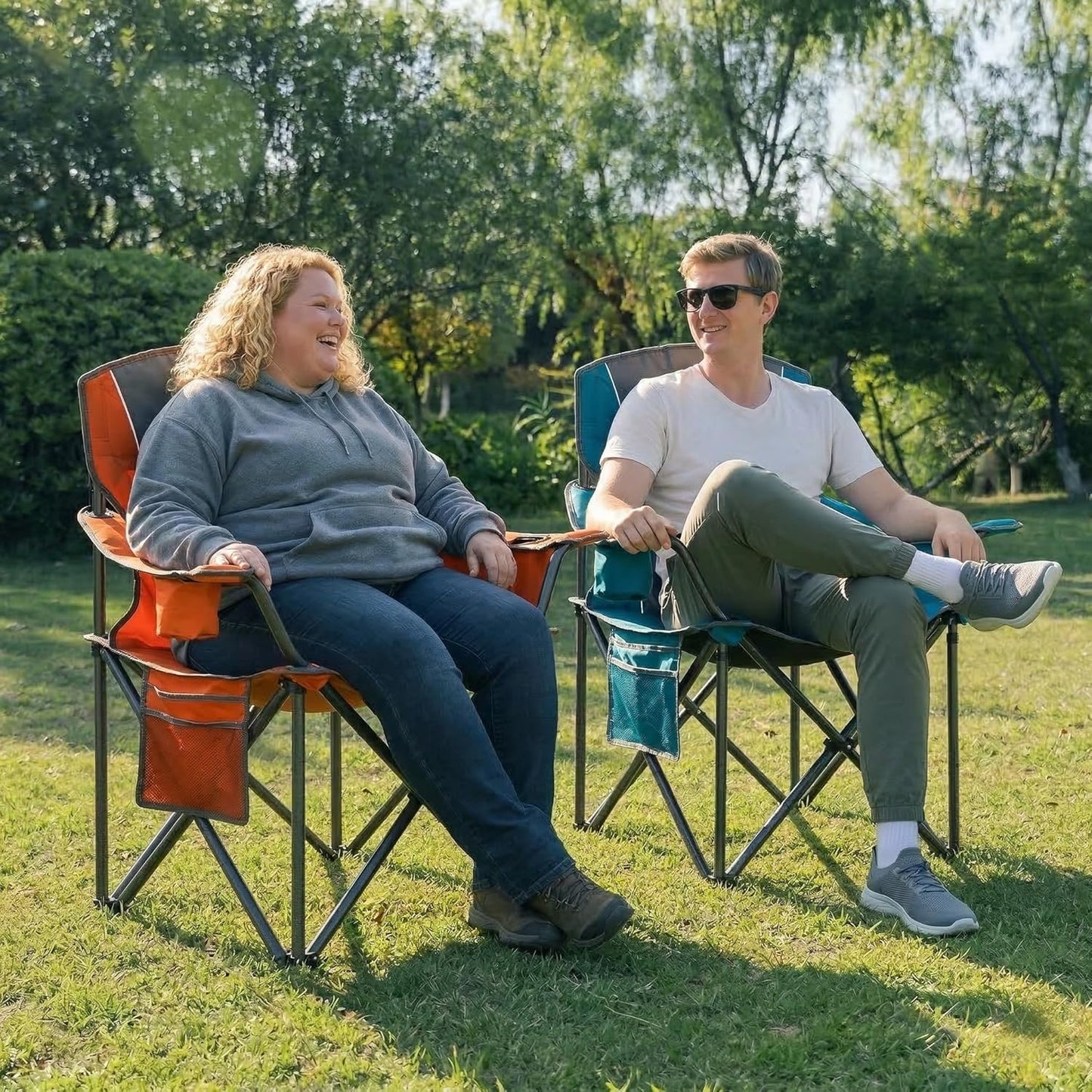 Skiennix Padded Oversized Camping Chairs - Heavy Duty Support 400 Lbs | Folding Portable Lawn Chair with Cup Holder & Cooler Bag (Orange & Blue)