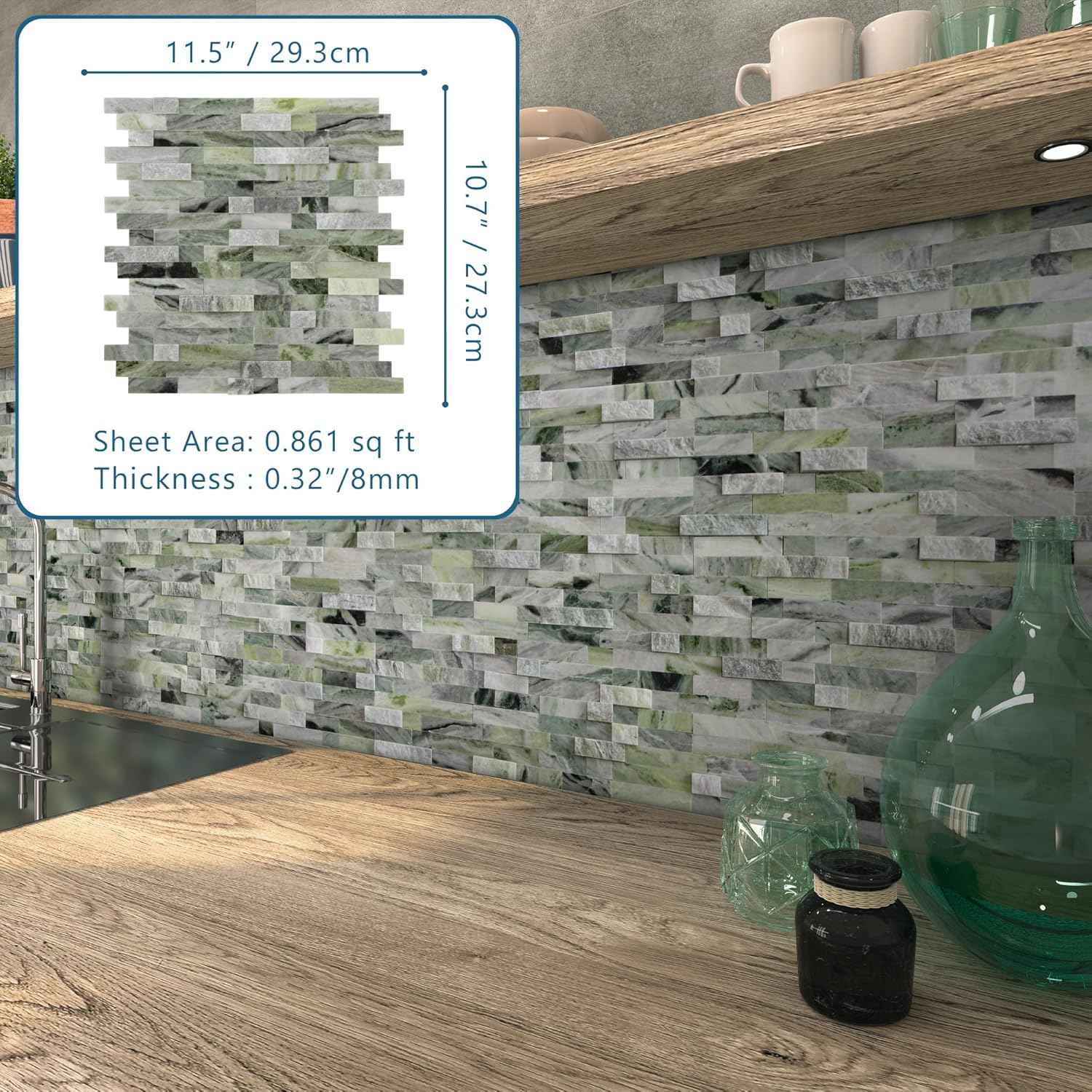 Peel and Stick 3D Stone Mosaic Tiles - 12x11" Self-Adhesive Backsplash for Kitchen & Bathroom - 5 Sheets, Mixed Tan