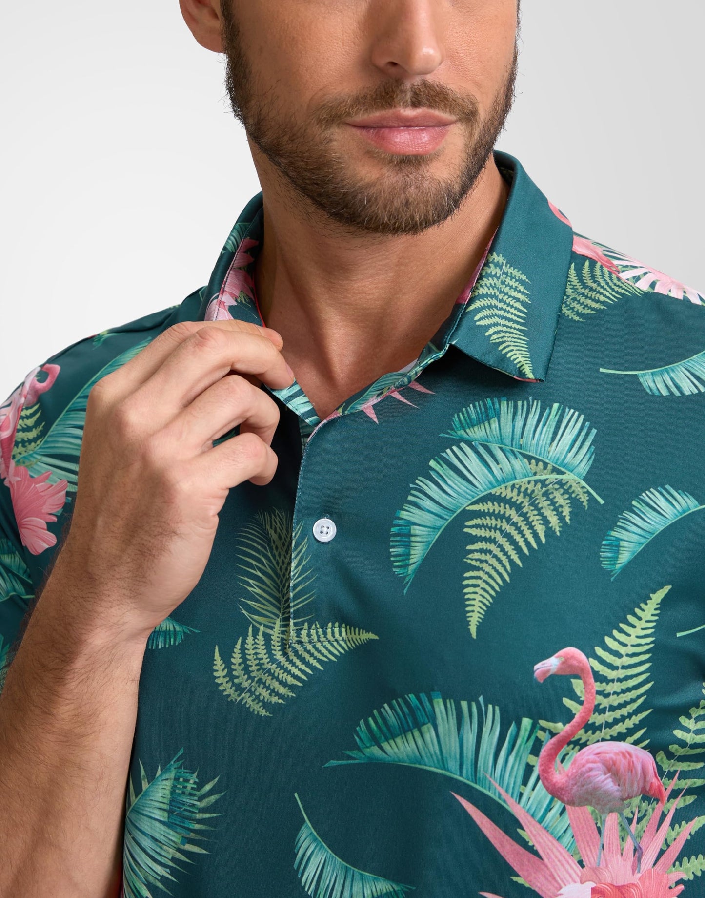 Obla Men's Print Golf Polo Shirts (Green Flamingo_L)