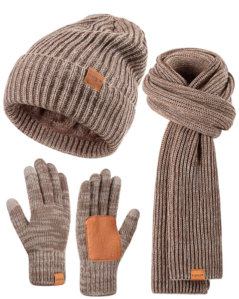 Winter Hat Gloves Scarf Set for Men Women, Mens Beanie with Fleece Lined Long Thick Scarf Touchscreen Gloves for Cold Weather, 3 in 1 Warm Gift Set(A-10)