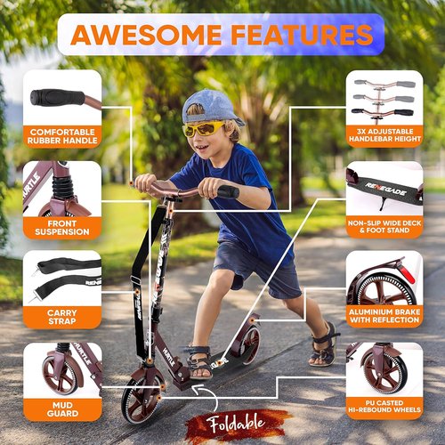 Hurtle Renegade Kick Scooter - 2-Wheel Folding Design with Adjustable T-Bar Handlebar | Anti-Slip Alloy Deck