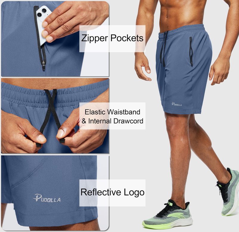 Pudolla Men's Workout Running Shorts Lightweight Gym Athletic Shorts for Men with Zipper Pockets(Blue Grey Large)