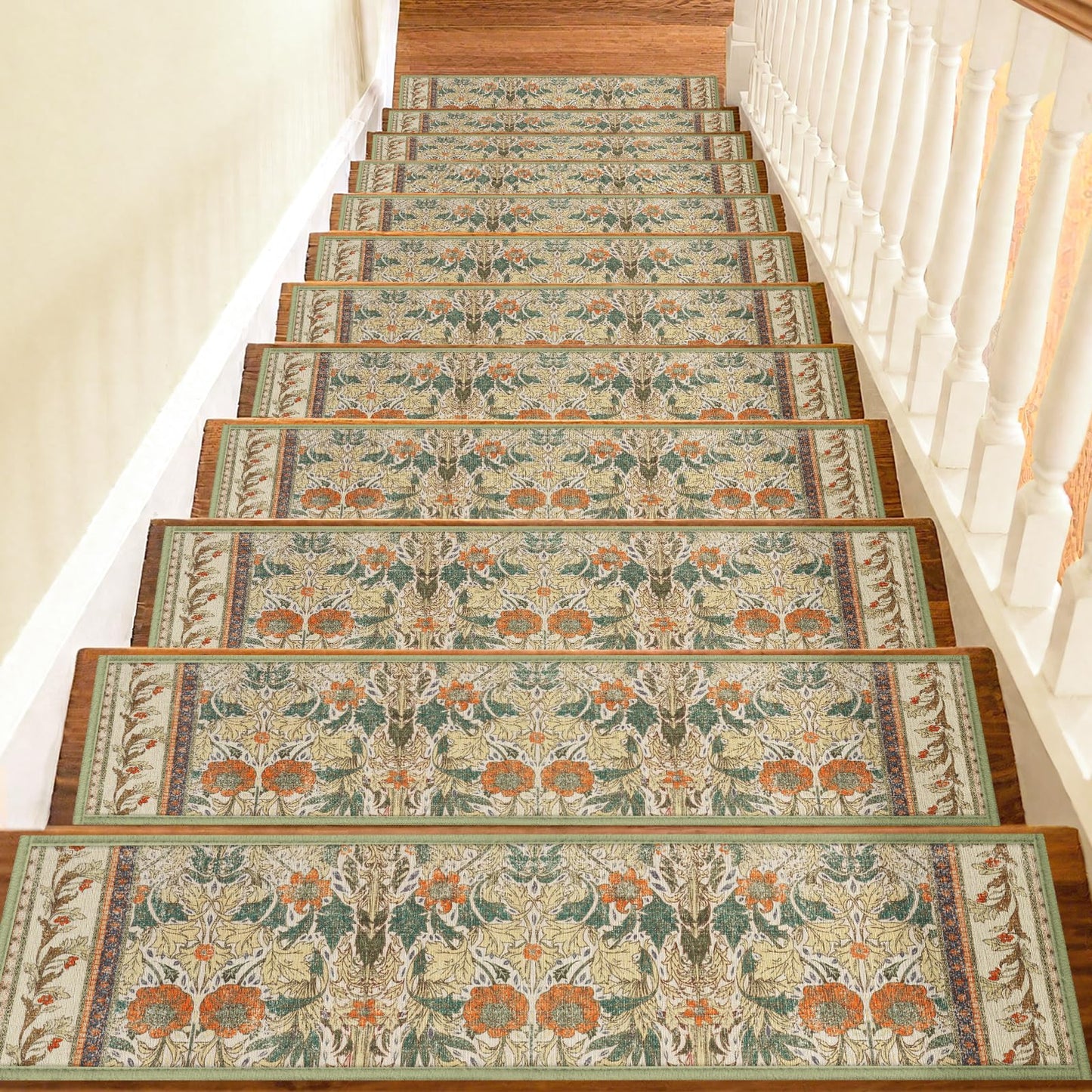 Non Slip Stair Treads for Wooden Steps Indoor, Sage Green, 15pcs, 30"X8", Soft Carpet Mat, Machine Washable Boho Carpet Treads with Reusable Adhesive Backing, Safety Stair Tread for Dog, Kid, Elder