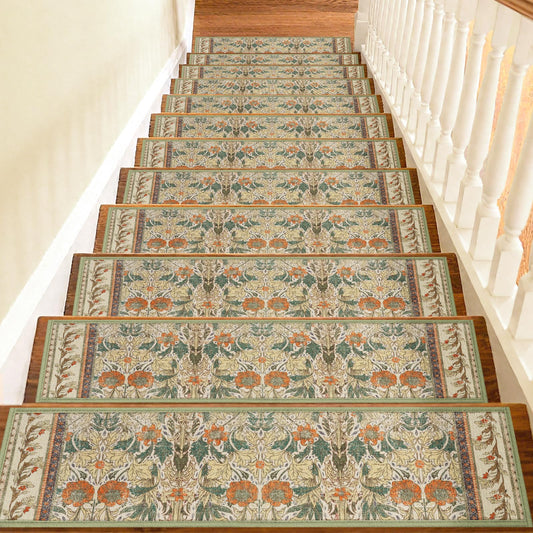Non Slip Stair Treads for Wooden Steps Indoor, Sage Green, 15pcs, 30"X8", Soft Carpet Mat, Machine Washable Boho Carpet Treads with Reusable Adhesive Backing, Safety Stair Tread for Dog, Kid, Elder