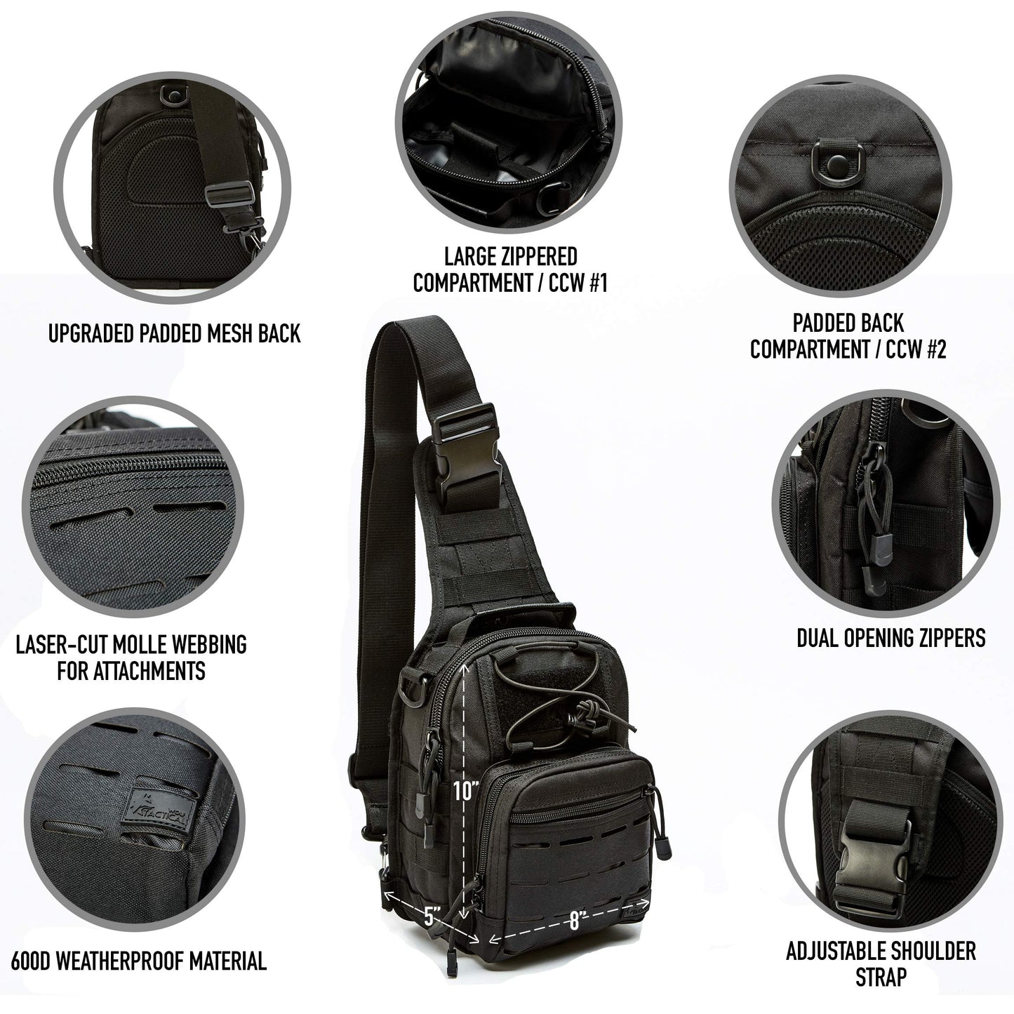 WOLF TACTICAL EDC Sling Bag - Concealed Carry Shoulder Bag for Range, Travel, Hiking, Outdoor Sports (Black)