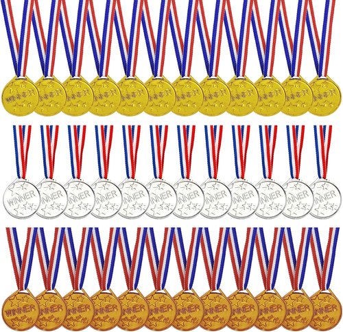 36 Pieces Kids Gold Silver Bronze Award Medals, Childrens Plastic Medals Winner Gold Silver Bronze Award Medals for Kids Gift, Games Competitions, Party Favors and Decorations