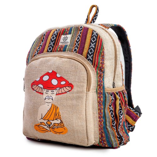 Mushroom Head Hemp Backpack Bag - Eco Friendly Hippie Yak Design Durable Functional Traveling Hiking Friendly Casual Daypack Bag by Freakmandu