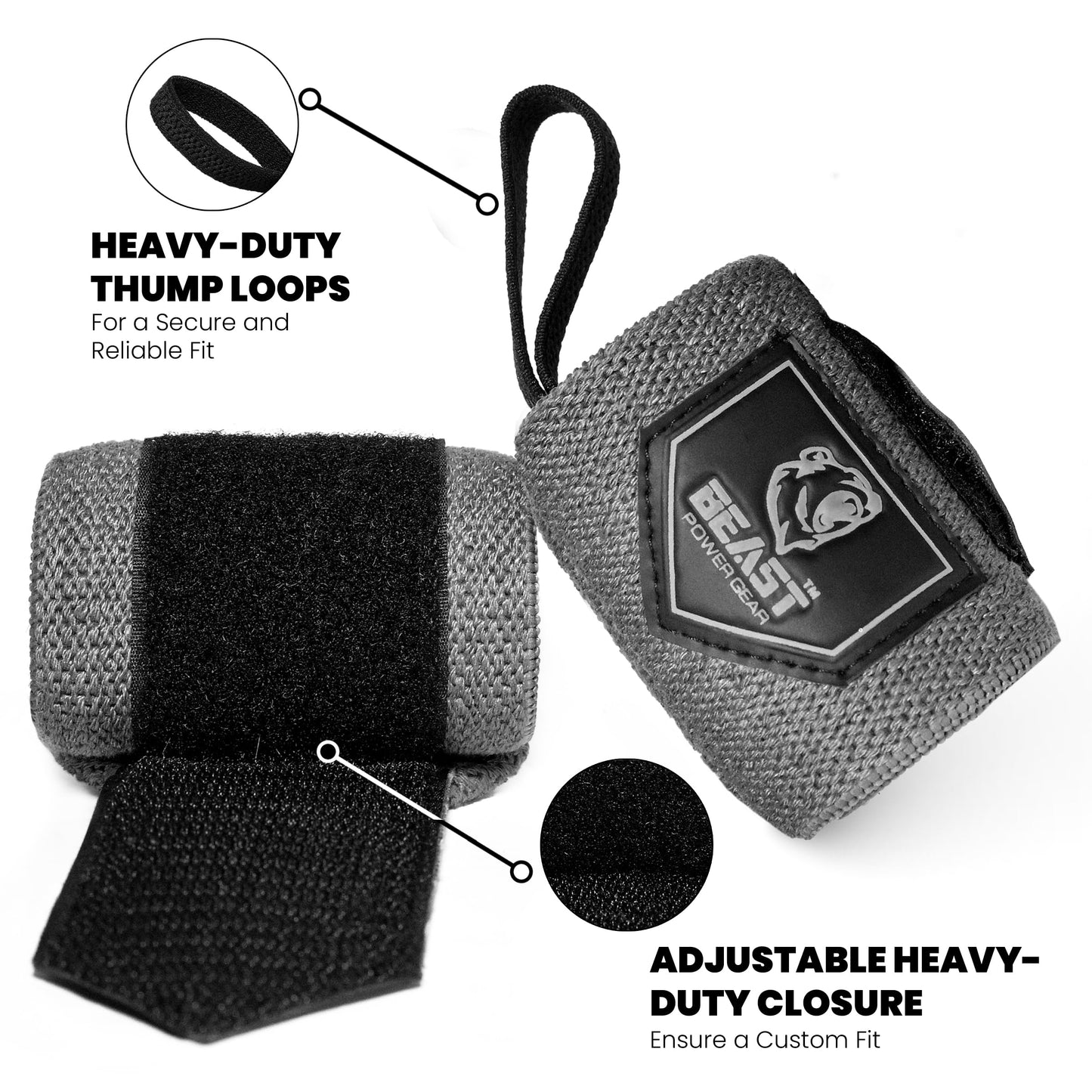 Beast Power Gear Wrist Wraps for Weightlifting 18” Premium Quality Wrist Support for Bodybuilding Heavy Duty Thumb Loop Powerlifting, Strength Training for Men and Women (Solid Gray, Bundle)