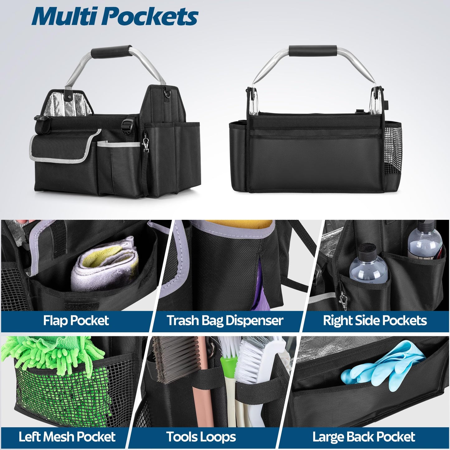HODRANT Wearable Detailing Caddy, Quick Load Collapsible Car Care Bag with Handle & Shoulder Strap, Detail Carry Organizer with Multi Pockets for Auto Cleaning Supplies & Vehicle Wash Tools, Bag Only