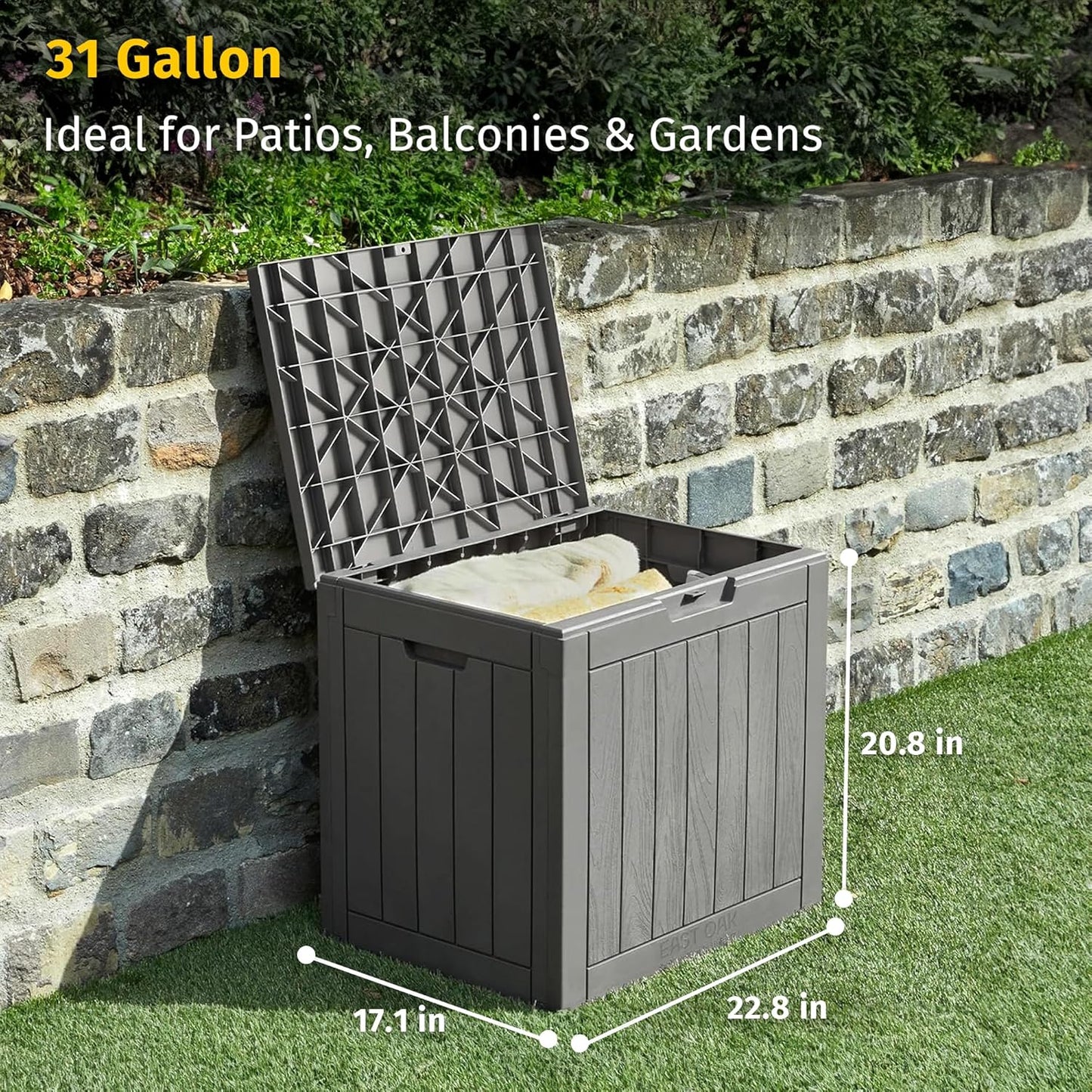 31 Gallon Waterproof Outdoor Storage Box - Lockable Resin Deck Bin for Patio Cushions & Tools - UV Resistant, Black