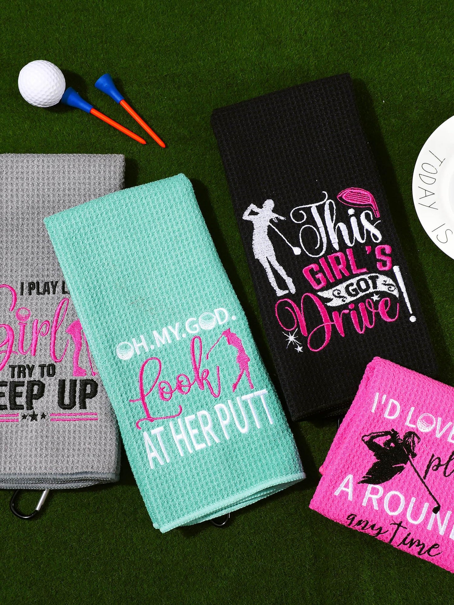 Hosuly 4 Pcs Funny Golf Towel Microfiber Embroidered Golf Ball Towels for Golfbags with Clip Golfclub Men Women Birthday Gifts for Golfball Fan Retirement Present 24 x 16 Inch(Chic Style)