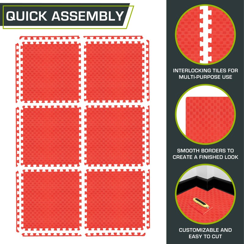 ProsourceFit Exercise Puzzle Mat ½-inch, Checkered EVA Foam Floor Tiles w/Non-Slip Texture, Interlocking Design for Adjustable Gym Surfaces, Shock Absorbing, Red, 24 Sq Ft - 6 Tiles