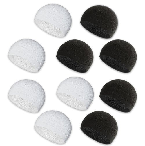 Kapobia Kufi Hats for Men, Muslim Clothes for Men,%100 Breathable Skull Beanie, Crochet Cap, Handicraft Taqiyah, Cufi, Kufe (10 Pieces, White-Black)