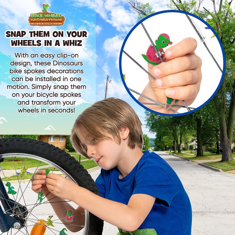 Wheely Bikes 36 Pcs Kids Bike Spoke Decorations – Cute Dinosaur, Flower & Butterfly Kids Bike Accessories for Boys, Bike Charms - Party Favors, Goodie Bag Stuffers for Boys & Girls, Green
