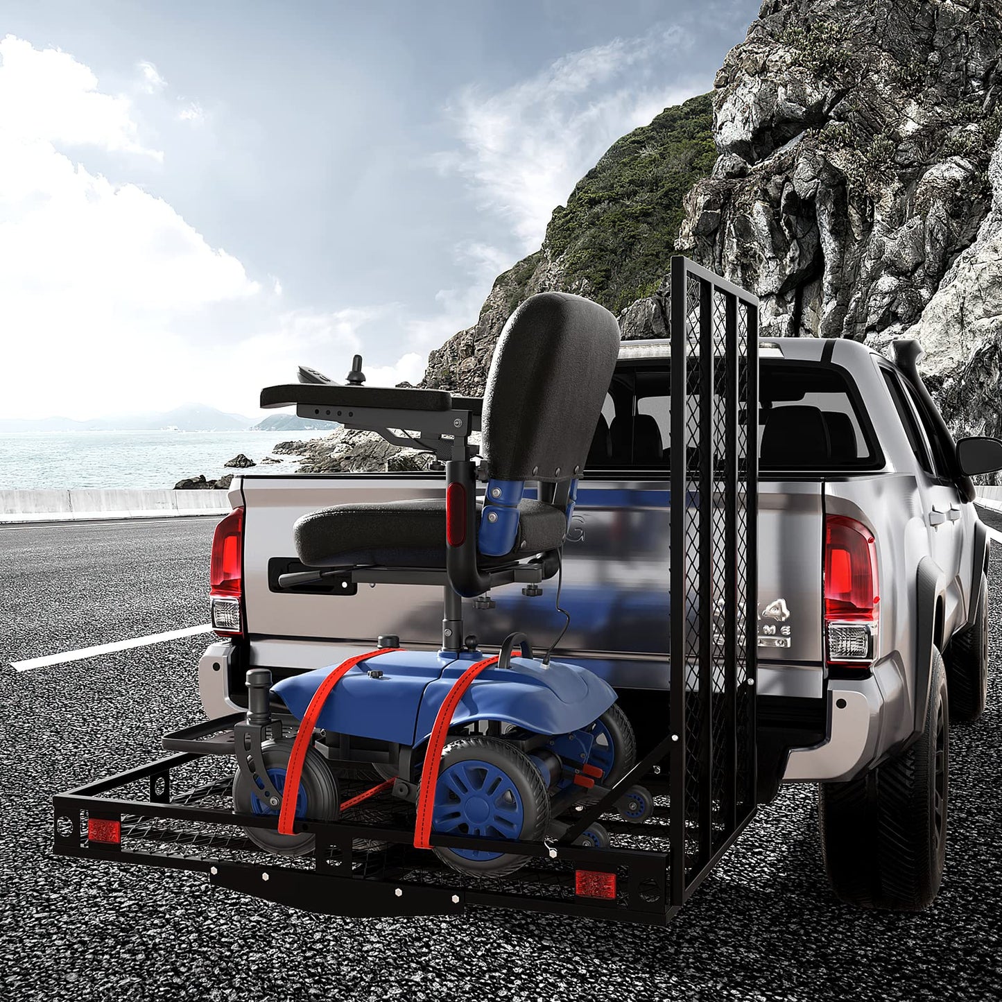 Goplus Mobility Scooter Carrier, 50” x 29.5” Folding Wheelchair Carrier for Car with 42” Ramp, Stabilizer & 2 Tie Down Straps, 500 LBS, Fit 2" Hitch Receiver, Hitch Cargo Carrier for SUV Car
