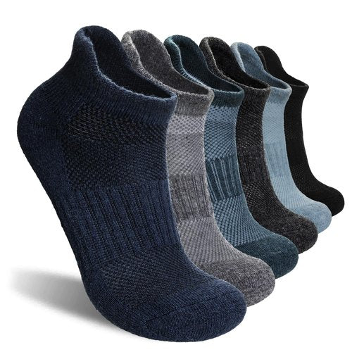 SeeyAN Merino Wool Ankle Hiking Socks For Men & Women No Show Running Athletic Support Thick Cushioned Breathable Socks 6 Pairs (Blue & Green, 9-11)