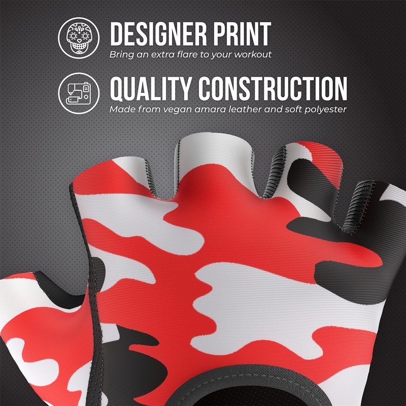 Contraband Pink Label 5217 Women's Design Series Camo Print Lifting and Rowing Gloves (Pair) - Lightweight Vegan Medium Padded Microfiber Amara Leather w/ Griplock Silicone (Red, Medium)