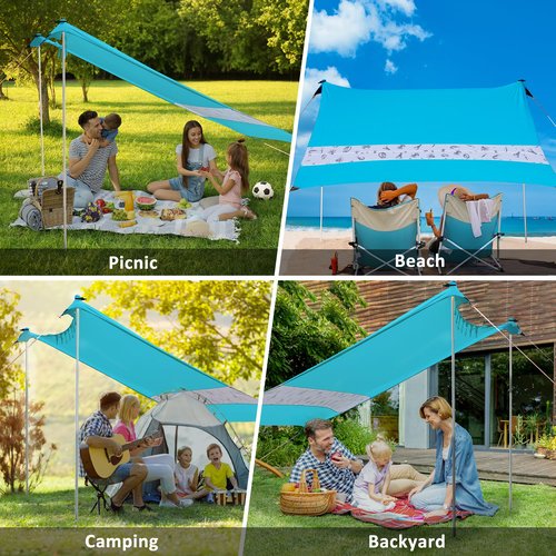 VILLEY Beach Tent Sun Shelter with UPF50+ Protection for 5 Person, 8x7FT Portable Sun Shade with 2 Stability Poles and 4 Sandbags, Outdoor Beach Canopy for Camping, Picnics, Fishing, Outdoors(Blue)