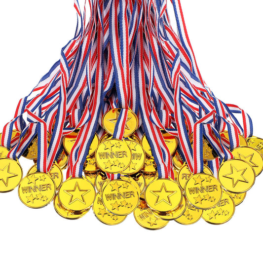 Sotiff 100 Pcs Kids Medals Gold Plastic Medals for Sports Awards Winner Medal First Prize Award for School Sports Children's Game Competitions Prizes Family