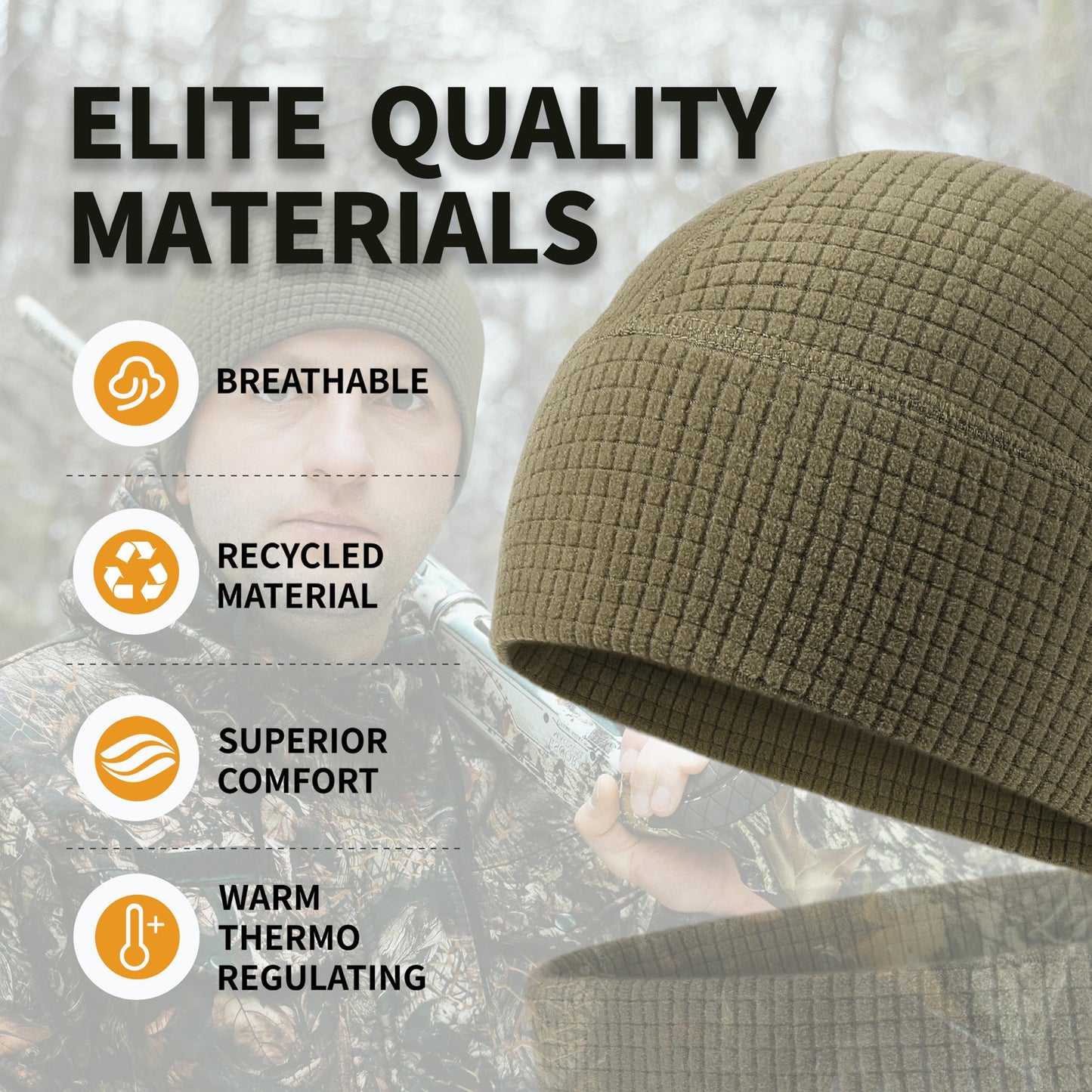 2 Pack Grid Fleece Beanie Watch Cap Waffle Tactical Beanie Multi-Season Army Military Fleece Hat, All Weather Gear, One Size, Black/Grey
