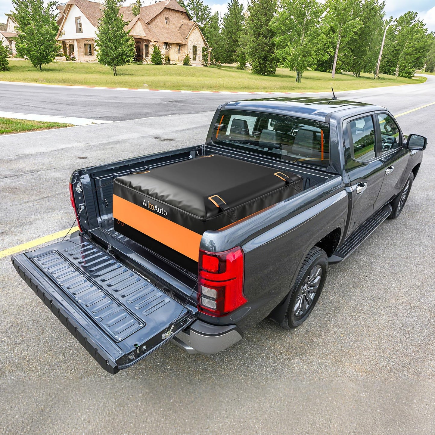 [High Visibility] Waterproof Truck Bed Bag with Orange Safety Trim, 26 CuFt Heavy Duty Cargo Carrier for Pickup Truck, Weatherproof Storage Bag for Camping & Road Trips