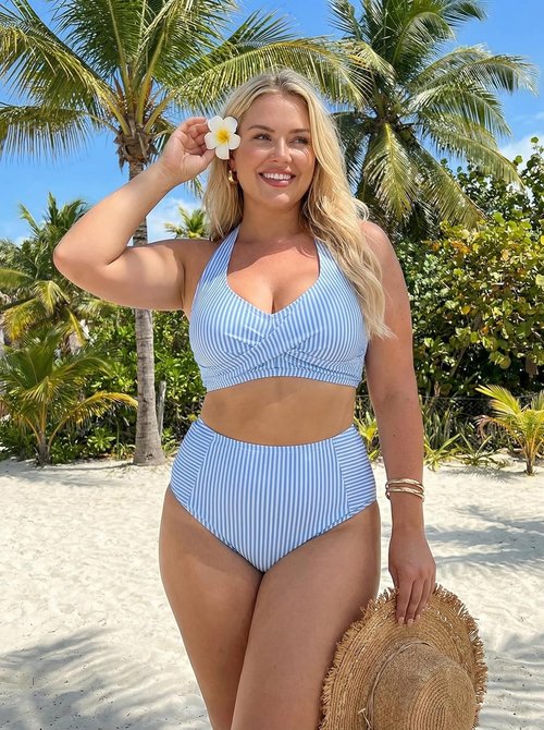 Herseas Women's High Waisted Bikini Set - Stylish Halter Design with Patch Pockets | Striped Swimwear 2026