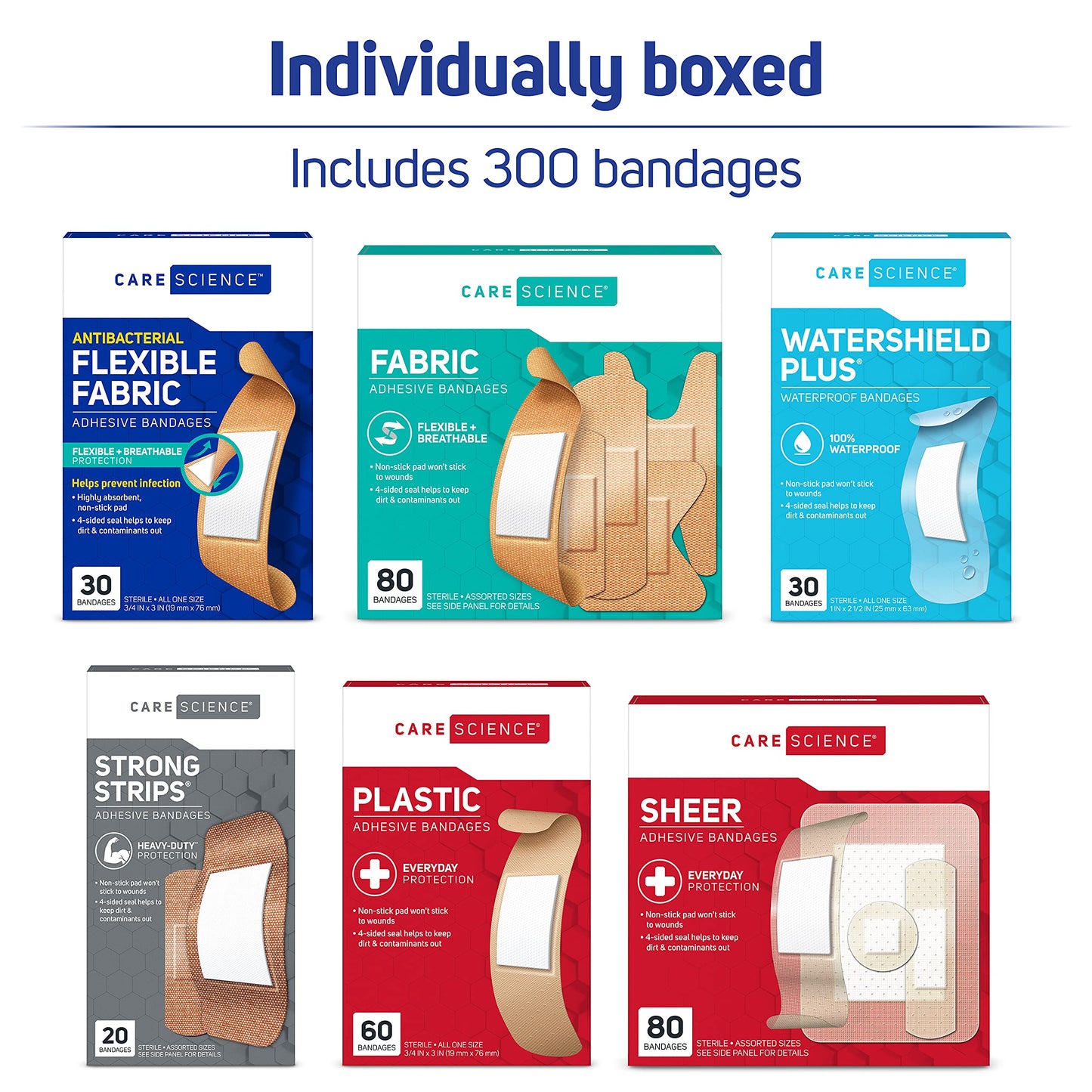 Care Science Variety Bandages Pack, 300 ct Bulk Assorted Sizes | Includes Active, All-Purpose, Waterproof, Heavy-Duty | Breathable Protection for First Aid