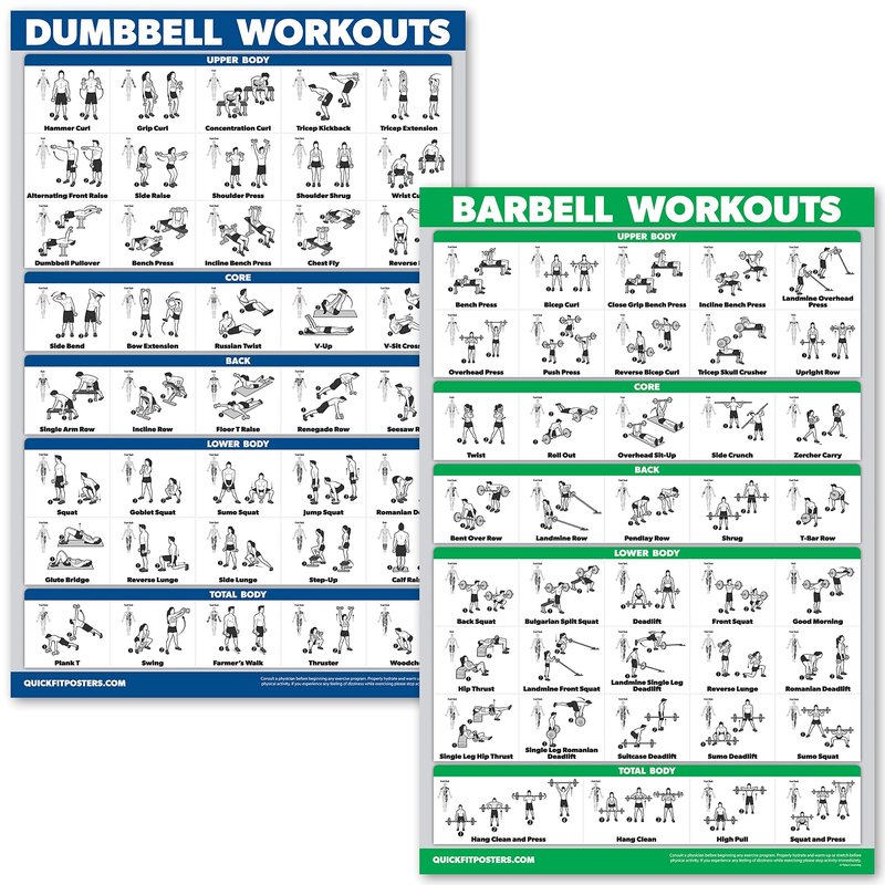 QUICKFIT Dumbbell Workouts and Barbell Exercise Poster Set - Laminated 2 Chart Set - Dumbbell Exercise Routine & Barbell Workouts (18" x 24")