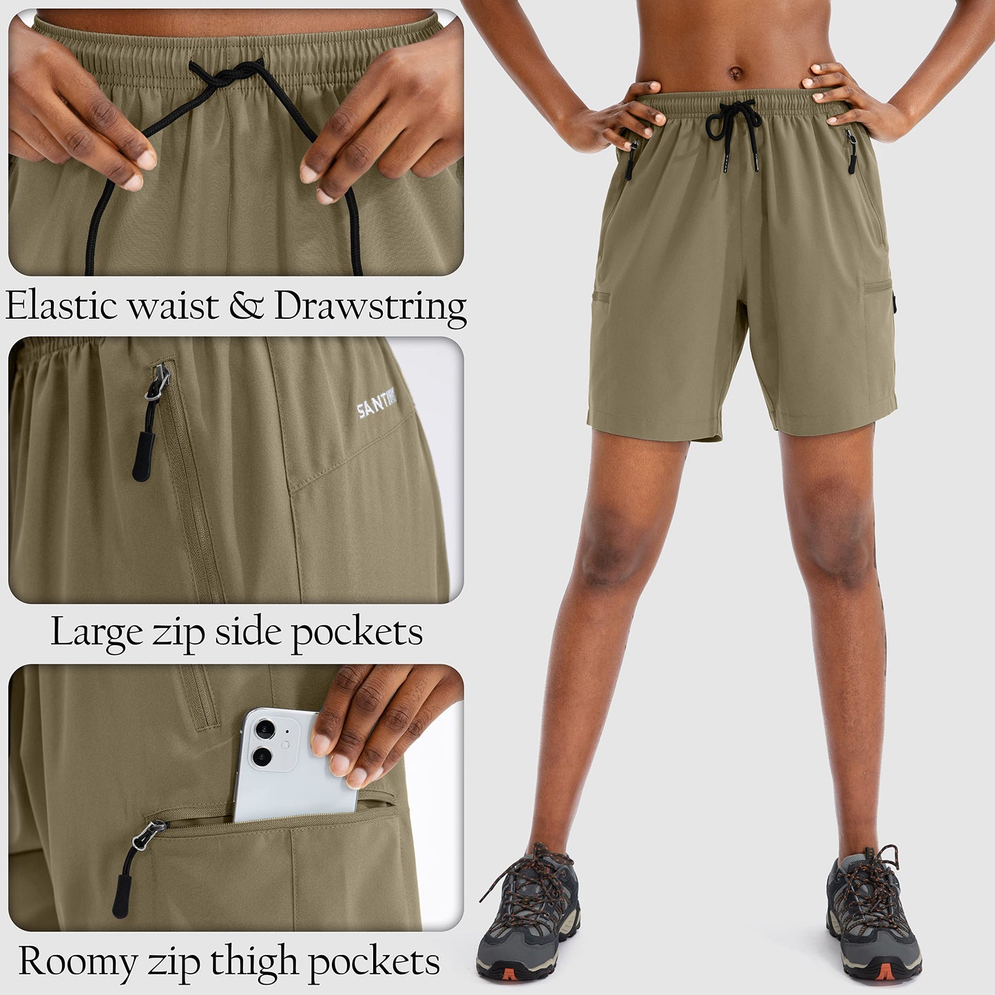 SANTINY Women's 5''/ 7''/9'' Hiking Cargo Shorts Quick Dry Lightweight Summer Shorts for Women Athletic Golf Zipper Pockets(Dusty Khaki_L)
