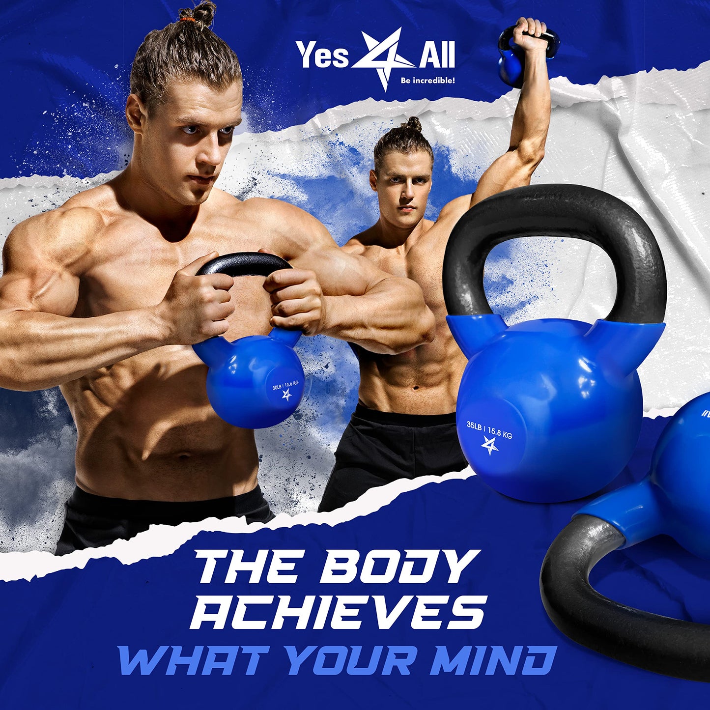 Yes4All Kettlebell, 50 lb Vinyl Coated Cast Iron Strength Training Kettlebells for Home Gym Exercises, Heavy Weights Gym, Fitness, Full Body Workout Equipment, Push up, Grip, Strength Training - Blue