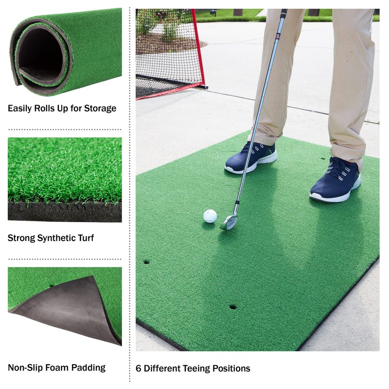 Golf Hitting Mat - 5x3-Foot Artificial Turf Training Mat with 3 Rubber Tees and 6 Teeing Positions - Outdoor or Indoor Golf Simulator by Wakeman