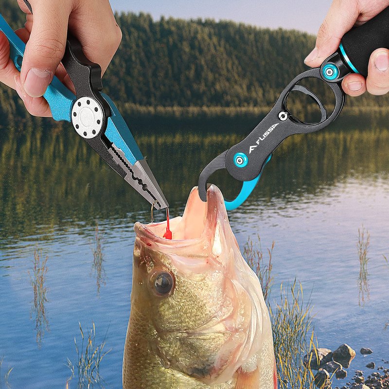 FLISSA 4-Piece Fishing Tool Kit Includes Muti-Function Fishing Pliers, 6" Fish Fillet Knife with Sheath, Braided Line Scissors with Sheath, Fish Scale with Lip Gripper and 3pcs Safety Coiled Lanyard