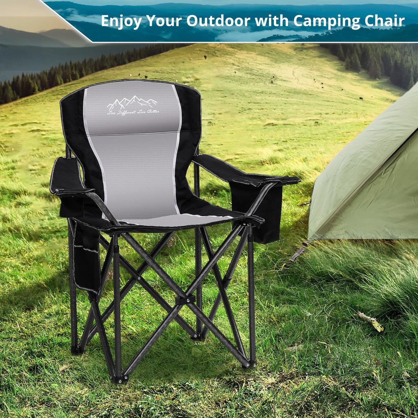 Skiennix Folding Camping Chairs - Heavy Duty Portable Lawn Chairs with Cooler Bag & Cup Holder | Supports 450lbs, Black - 2PCS Set