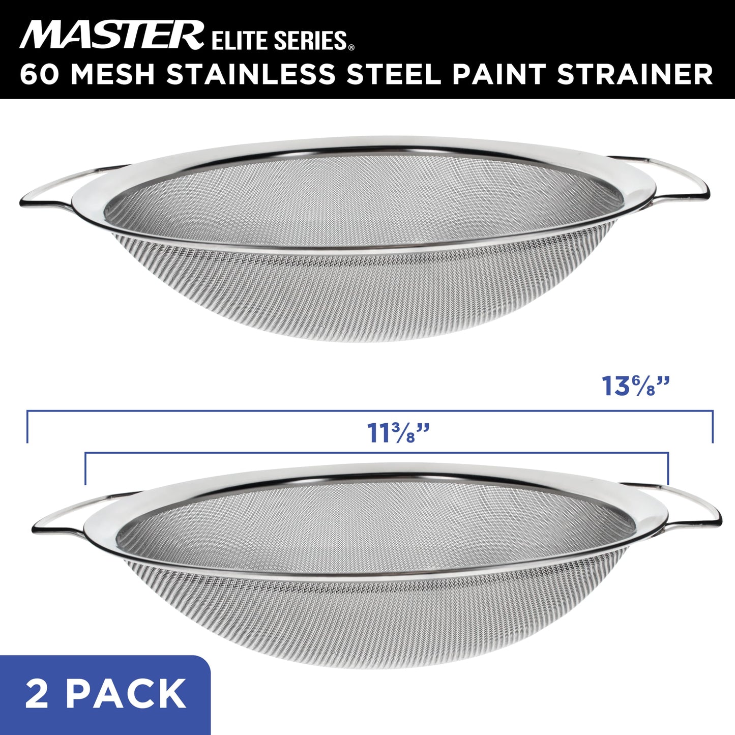 Master Elite 60 Mesh Stainless Steel Paint Strainer, 2 Pack - Fits Over 5 Gallon Paint Bucket Cans, Strains Filters Removes Debris, Particles, Impurities from Coating and Liquids - Drain, Rinse Food