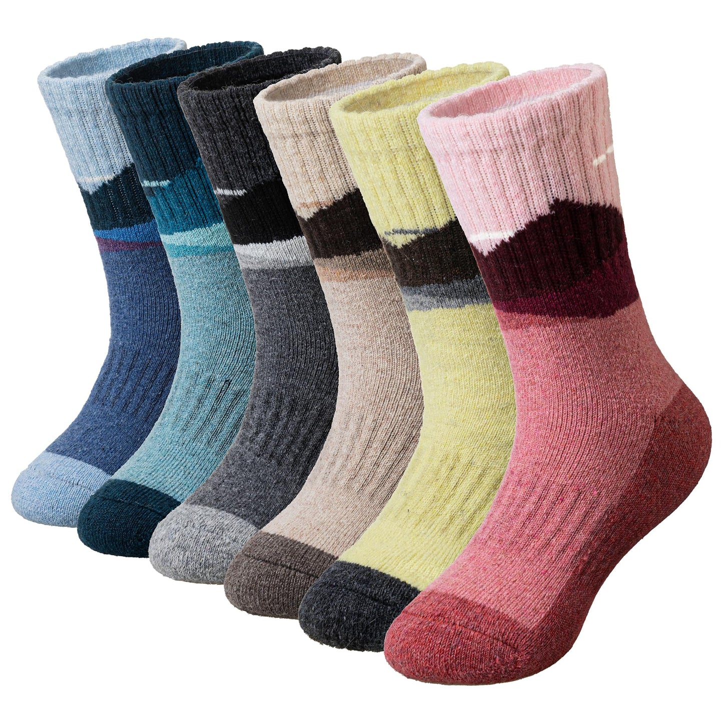 WEVIAS Kids Merino Wool Hiking Socks Boys Thermal Winter Cozy Boot Warm Cushion Socks 6 Pairs (Mountain Range, 8-12 Years)