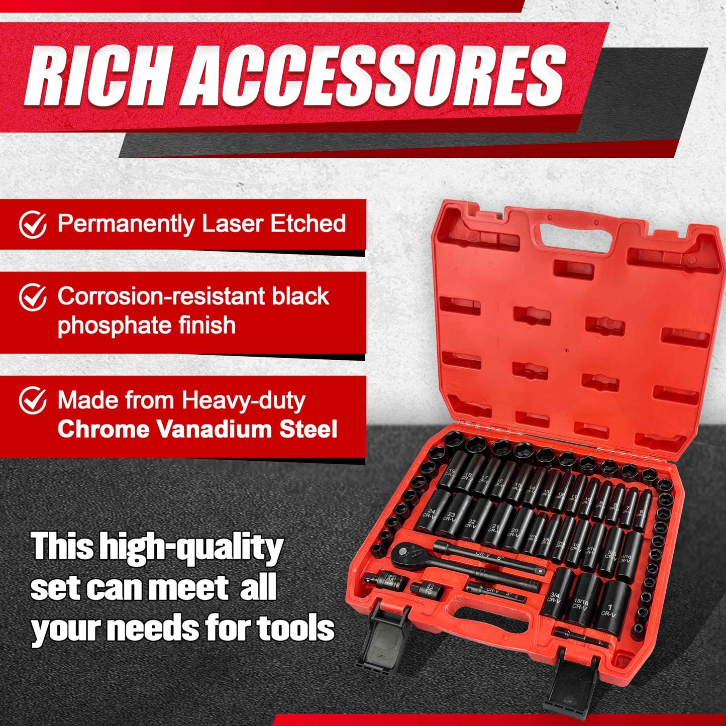 EACELIY 64pcs 3/8" Socket Set,Drive Impact Socket Set, SAE/Metric, Deep & Shallow, Cr-V Steel, 6 Point with Adapters, 72T Ratchet Handle, Extension Bars，Bit Adapter，6-24mm，5/16-1 inch