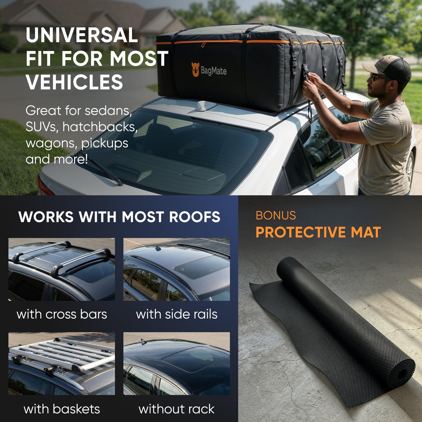 BagMate 23 Cubic Feet Roof Bag – Safety Tested Heavy-Duty Waterproof Rooftop Cargo Carrier for All Cars & SUVs (with or Without Rack) – Includes Protective Mat & Storage Bag – Military-Grade 840D PVC