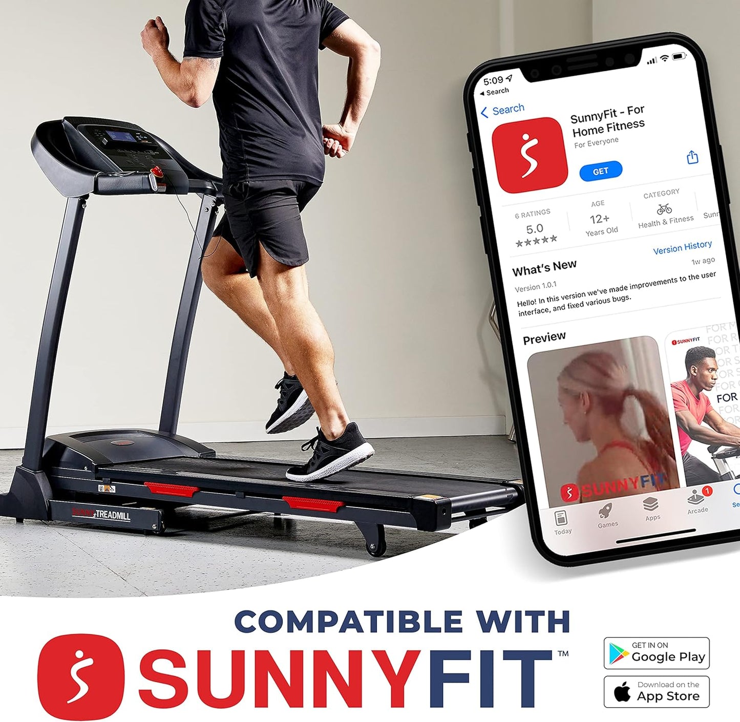Sunny Health & Fitness Folding Treadmill - Smart Performance with Adjustable Incline & Free App