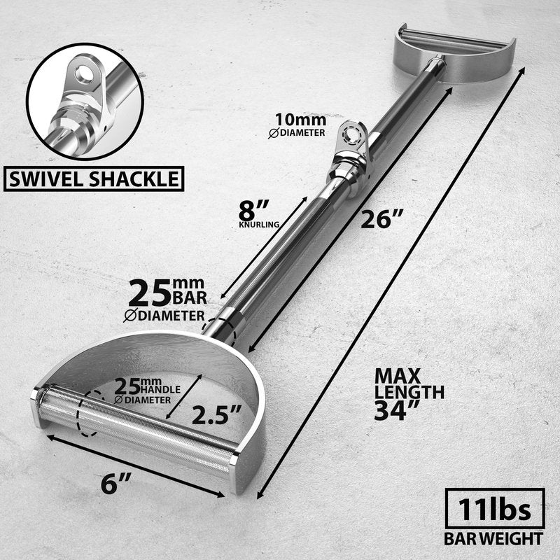 Synergee Pro-Style Lat Bar Cable Attachment. Universal Attachment for Cable Machines. Pull Down/Press Down Bar Accessory. Available Sizes 24”, 34” and 38”
