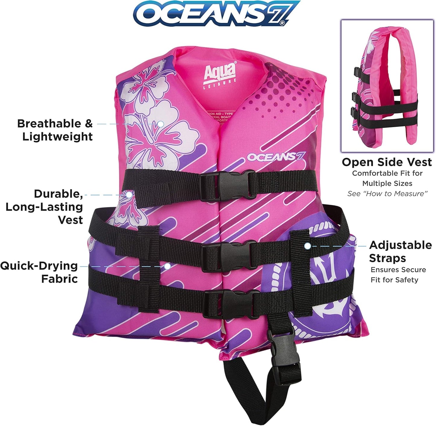 Oceans7 Kids Life Jacket | US Coast Guard-Approved PFD for 30-50 lbs - Flexible Open-Sided Design - Pink/Berry