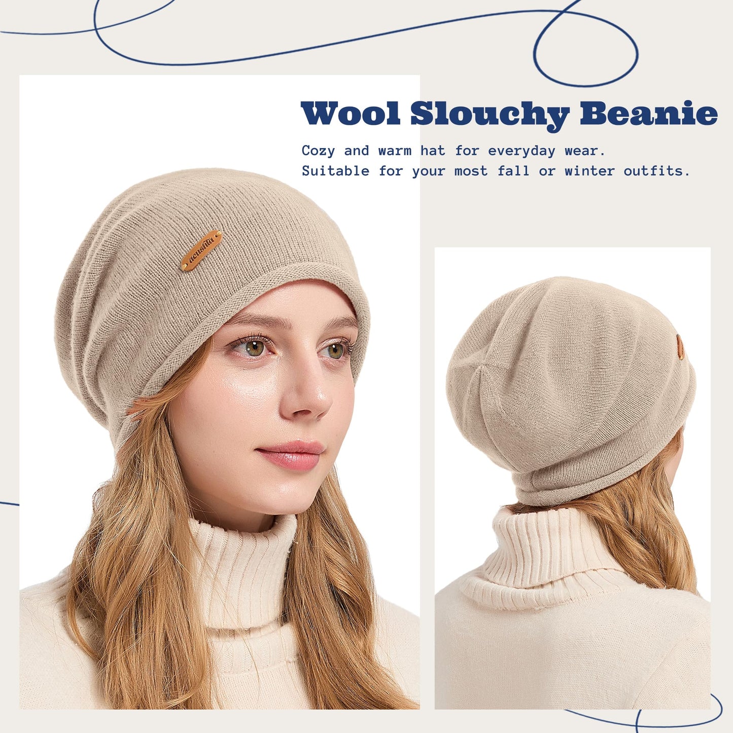 ACUSHLA 100% Merino Wool Slouchy Beanie for Women & Men Knit Winter Hat Unisex Warm Skull Cap for Cold Weather, Light Beige