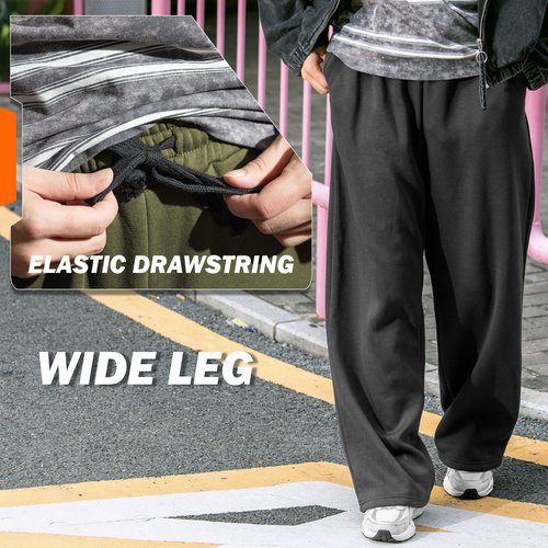 BRISIRA Mens Baggy Sweatpants (L-2XL) Fleece Lined Wide Leg Warm Sweat Pants Open Bottom with Deep Pocket & Elastic Waist Black
