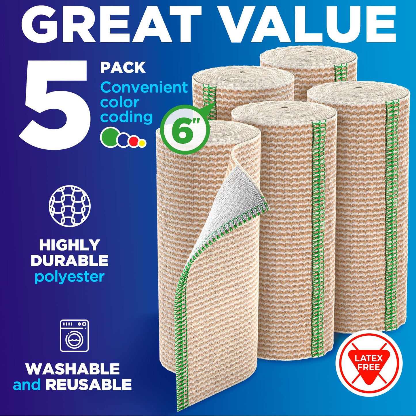 Premium Elastic Bandage Wrap - 6” (5pk) - Strong Compression - Self-Closing Reusable Bandages for Legs, Knee, Back, Abdomen, Lymphedema - Body Wrap - for First Aid Kit and After Surgery Recovery