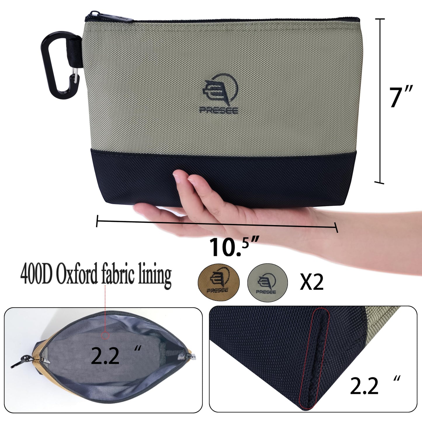 Tool Pouch Zipper Small Tool Pouches Organizer Bag with Metal Carabiner, Nylon 1680D Heavy Duty for Wrenches, Screwdrivers, Pliers, Pack of 2, Green Khaki, 10.5 Inch