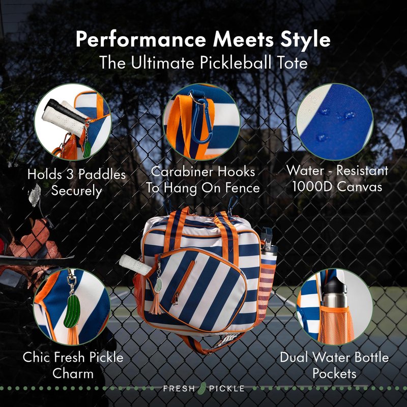 Fresh Pickle Lola Pickleball Tote Bag for Women - Designer Pickleball Bag with Paddle Storage, Zip Pockets & Shoulder Strap, Chic, Durable, Water-Resistant Pickle Ball Bags, Navy/Stripe